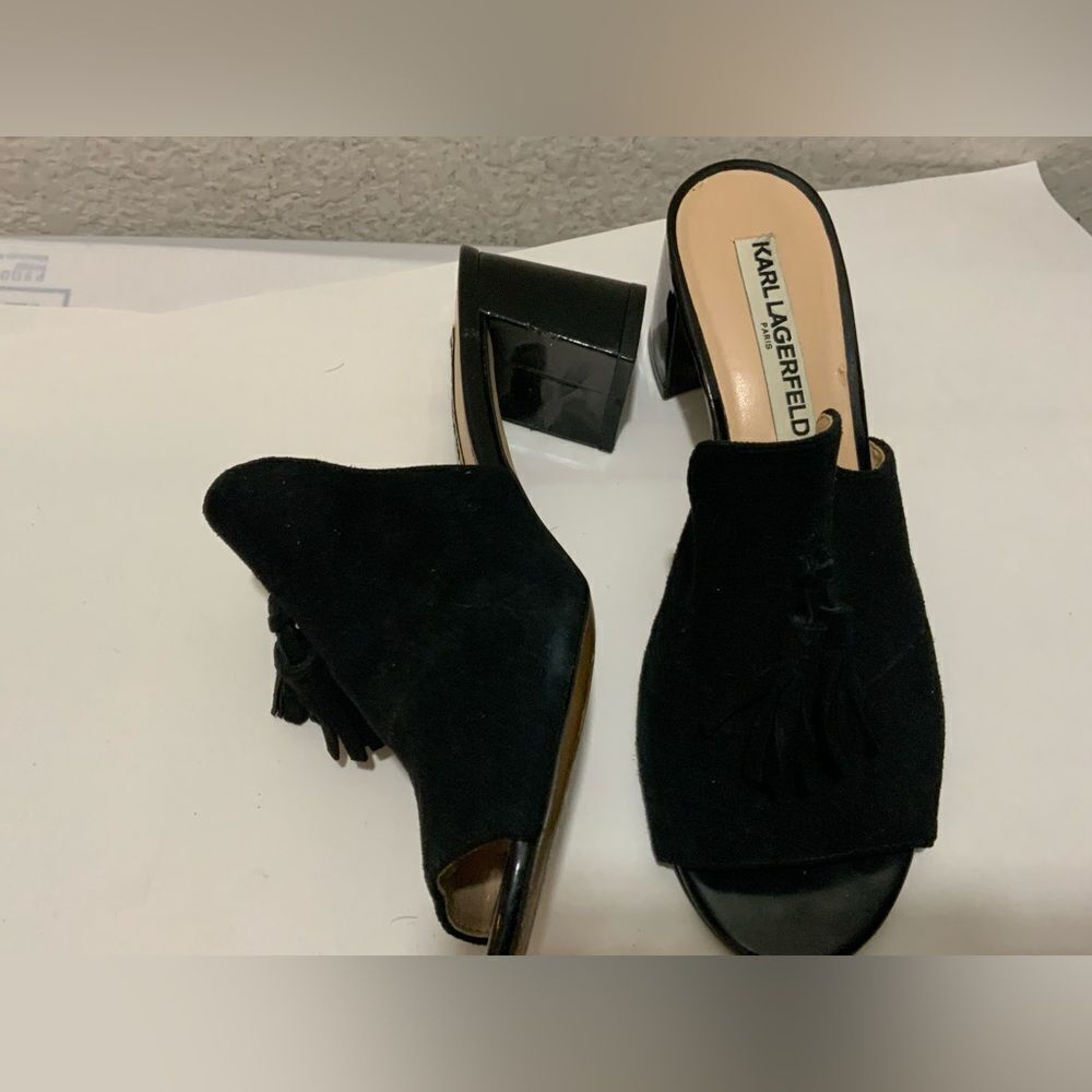 Karl Lagerfeld Paris Hettie Slide Open Toe Heels Shoes Black Suede Womens Sz 6.5
